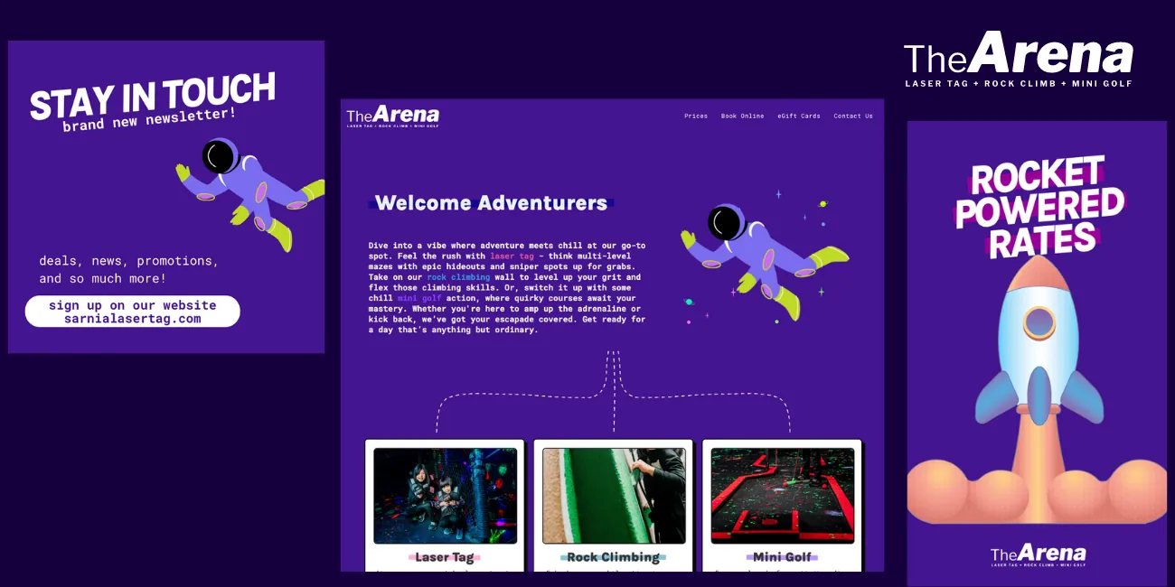 The Arena's new website and email creative: laser tag, rock climbing and mini golf