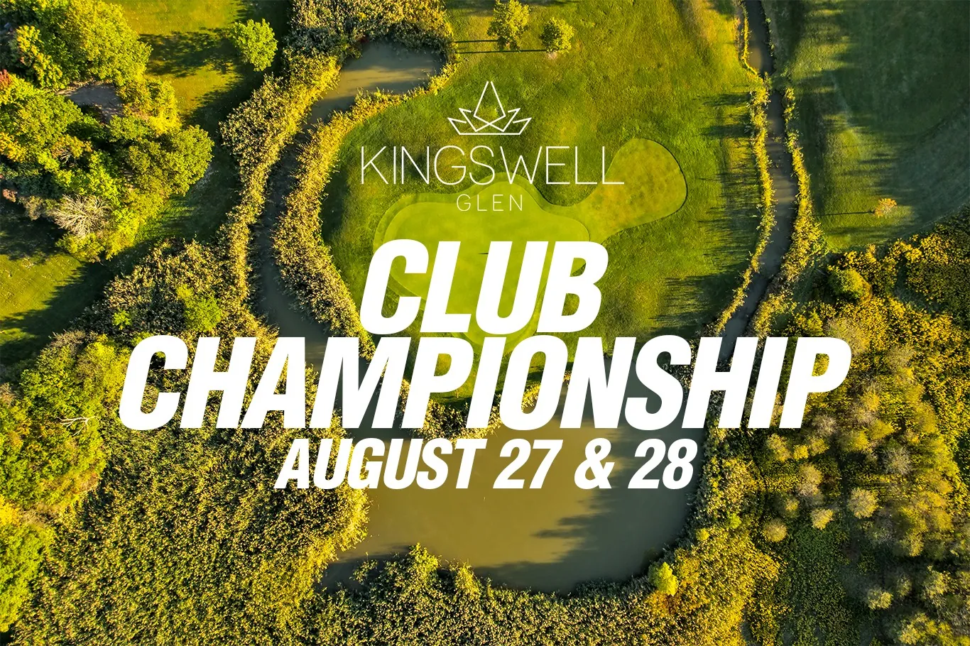 Kingswell Glen club championship promo over an aerial view of the course